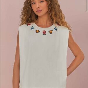 FARM Rio White Muscle Tee with Floral Embroidery